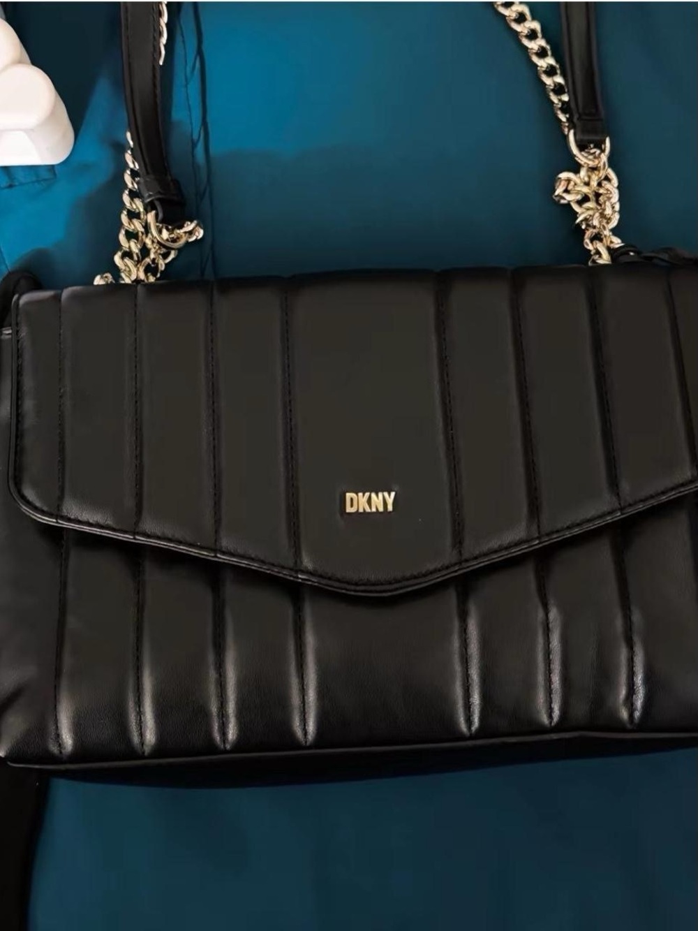 DKNY Black Quilted Leather Shoulder Bag with Gold Chain